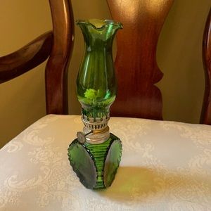 Vintage emerald green glass mini hurricane oil lamp, marked Hong Kong, 2 chips